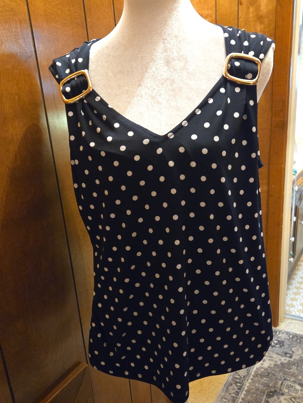 Premise Black Polka Dot V-Neck Tank with Gold Buckle Straps